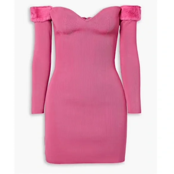 Staud Josee Fur Trimmed Long Sleeve Pink Mini Dress , NEW - Picture 4 of 16